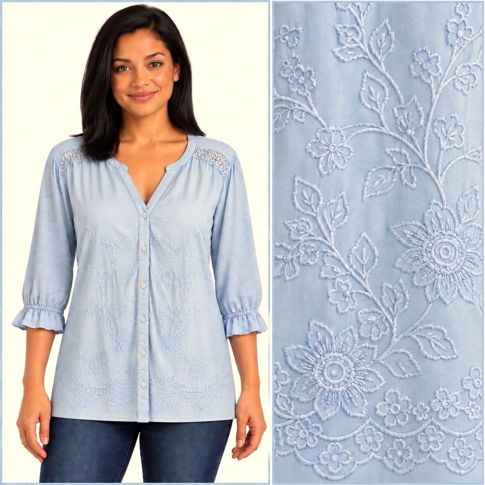 Democracy Women 2X Light Blue Embroidered Henley Top Ruffle 3/4 Sleeve Blouse